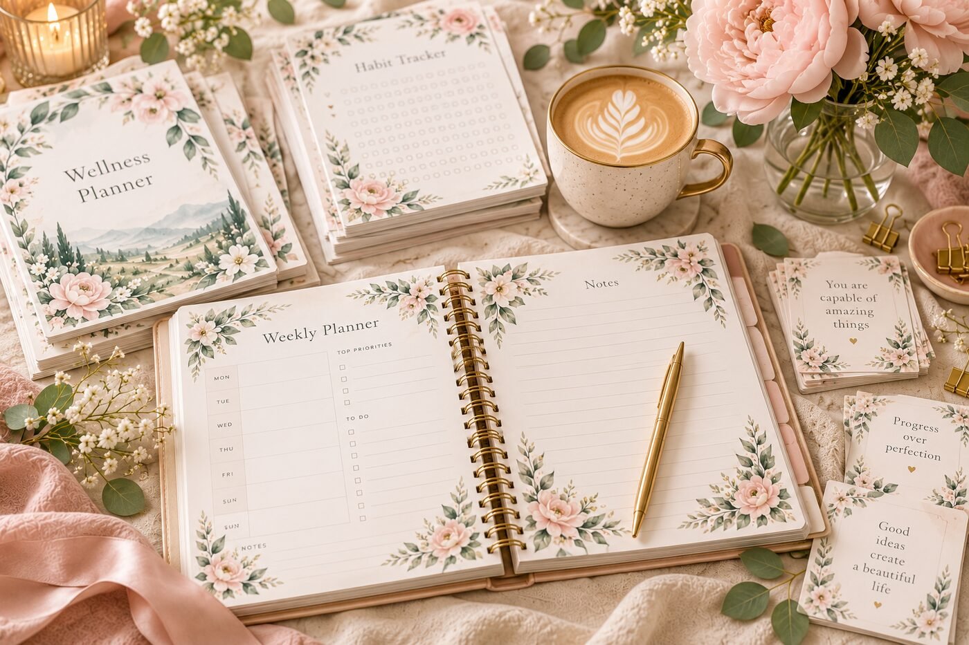 An open floral planner with coffee and peonies